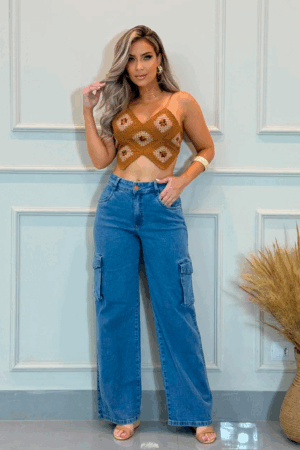 Calça Jeans Feminina Wide Leg Cargo