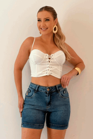 Shorts Jeans Feminino Meia Coxa Azul Médio Triple Dry