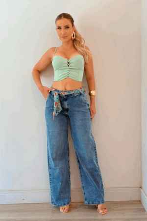 Calça Jeans Azul Wide Leg Feminina com Lenço