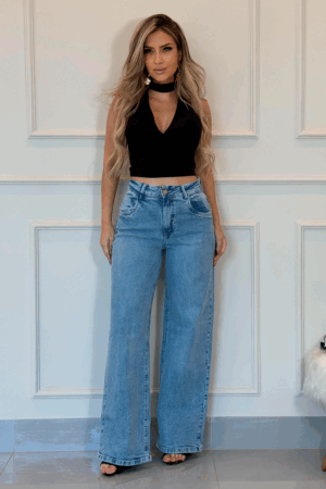Calça Jeans Wide Leg Lavagem Marmorizada Clara