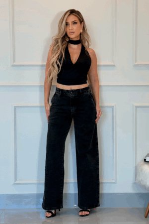 Calça Jeans Wide Leg Feminina Preto Estonado