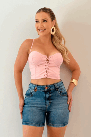 Shorts Jeans Feminino Meia Coxa Azul Médio