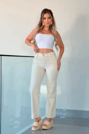 Calça Feminina Reta em Linho com Elastano