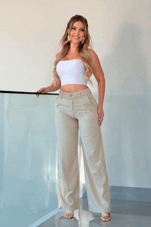 Calça Wide Leg Feminina Viscolinho com Liocel