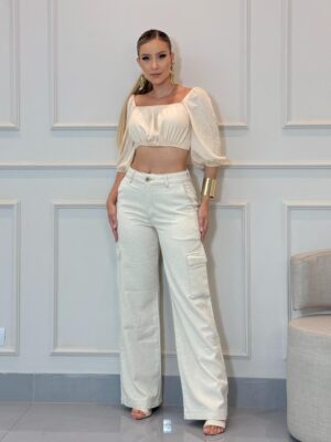 Calça Wide Leg de Linho com Elastano