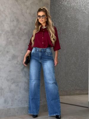 Calça Jeans Wide Leg Feminina com Elastano